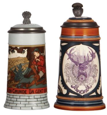 Two Mettlach steins, .5L, 2833B, etched, inlaid lid, mint; with, .5L, 2936, etched, inlaid lid, mint.