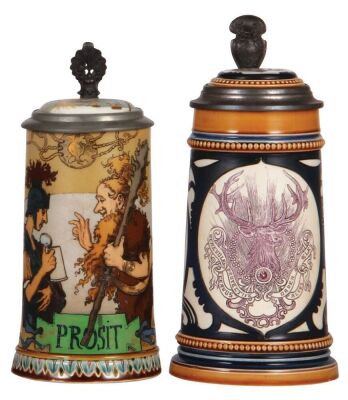 Two Mettlach steins, .5L, 2100, etched, by H. Schlitt, inlaid lid, small rim chip repair; with, .5L, 2936, etched, Elks, inlaid lid, mint.