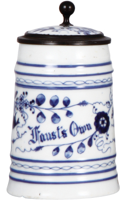 Porcelain stein, .5L, transfer & hand-painted, Faust's Own, inlaid lid: photograph of Tony Faust, lines in lithophane, base chip.