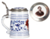 Porcelain stein, .5L, transfer & hand-painted, Faust, porcelain inlaid lid: photograph of Tony Faust, lithophane, mint. - 3