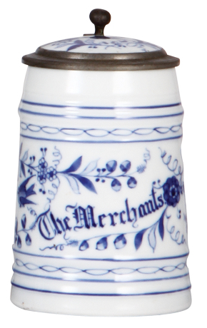 Porcelain stein, .5L, transfer & hand-painted, The Merchants, porcelain inlaid lid: photograph of A. Koerner, lithophane, mint.