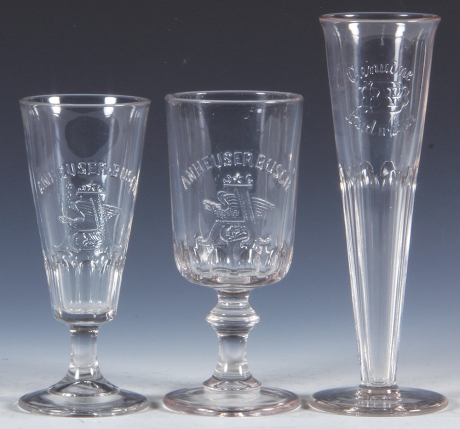 Three Pre-Prohibition embossed beer glasses, 6.6'' to 8.5'' ht., Anheuser-Busch A & Eagle, Anheuser-Busch A & Eagle, chip in center of glass, Genuine Budweiser BBB, excellent condition.