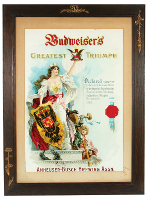 Anheuser-Busch lithograph on paper, framed 38.6" x 28.6", Budweiser's Greatest Triumph, marked: The Henderson Litho. Co. Cincinnati, O., Declared superior to the best Bohemian Beers Prague, Dec.1, 1903, relief frame, glass, matting has pattern in lower ri