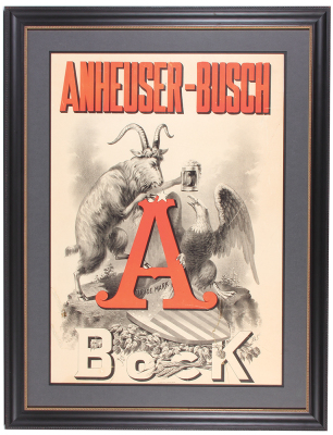 Anheuser-Busch lithograph on paper, framed 43.2" x 32.7", Anheuser-Busch Bock, marked: A. Hoen & Co. Lith. Baltimore, contemporary matting & frame with museum glass, lithograph has tears & creased.