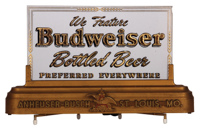 Anheuser-Busch table top lighted display, 16.7" x 10.5", Anheuser-Busch, St. Louis, MO, Budweiser Bottled Beer, glass insert with etched & gilded lettering, bottom edge of glass is chipped, the chip sets within the base and is not seen, shallow chip on to