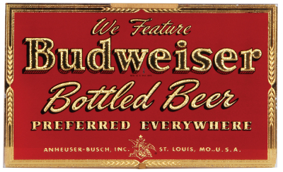 Anheuser-Busch embossed glass window advertising, 13.9" x 8.5", Budweiser Bottled Beer, gold and red reverse painted, two scratches in upper center of red, otherwise very good condition.