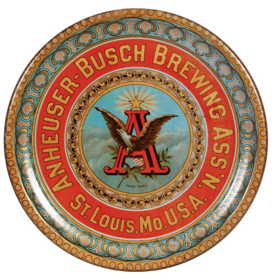 Anheuser-Busch advertising tray, 12.0" d., Anheuser-Busch Brewing Ass'n., St. Louis, MO, U.S.A., made by Chas. W. Shonk Co. litho. Chicago, light surface scratches.