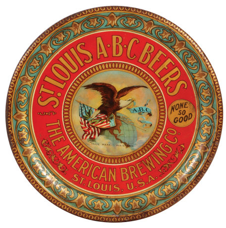 The American Brewing Co. advertising tray, 12.0" d., St. Louis A.B.C Beers, St. Louis, U.S.A., marked: Standard Adv. Co., Coshocton, O., lithograph blemishes around perimeter.