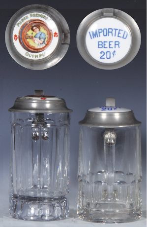 Two glass steins, .5L, pressed, porcelain inlaid lid: Pilsner Brewing Co., Olympia, pewter dents; with, .5L, pressed, porcelain inlaid lid: Imported Beer 20¢, pewter dent, otherwise mint.