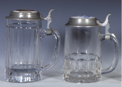 Two glass steins, .5L, pressed, porcelain inlaid lid: Pilsner Brewing Co., Olympia, pewter dents; with, .5L, pressed, porcelain inlaid lid: Imported Beer 20¢, pewter dent, otherwise mint. - 2