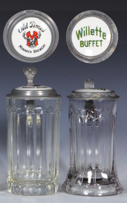 Two glass steins, .5L, pressed, porcelain inlaid lid: Old Times Monarch Brewery, pewter dent; with, .5L, pressed, porcelain inlaid lid: Willette Buffet, heavy pewter oxidation, otherwise mint.
