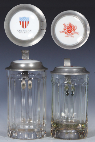 Two glass steins, .5L, pressed, porcelain inlaid lid: American, St. Louis, mint; with, .5L, pressed, porcelain inlaid lid: Mayfair Lenox Hotels, Saint Louis, mint.