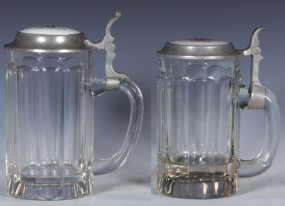 Two glass steins, .5L, pressed, porcelain inlaid lid: American, St. Louis, mint; with, .5L, pressed, porcelain inlaid lid: Mayfair Lenox Hotels, Saint Louis, mint. - 2