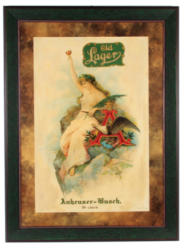 Anheuser-Busch lithograph on paper, framed 39.0" x 29.0", Old Lager, marked:&nbsp;Copyrighted 1908 The Henderson Litho. Co., Norwood, Cincinnati, professional framing & matting with glass, some professional restoration.