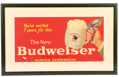 Anheuser-Busch lithograph on paper, framed 16.3" x 26.3", The New Budweiser in Bottles Only, professionally framed & matted, minor folds & tears on top edge, larger folds & tears in bottom left, red paper piece missing.