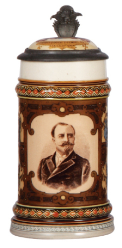 Mettlach stein, .5L, 2136, etched & PUG, Adolphus Busch, Anheuser-Busch Brewing Ass&rsquo;n., inlaid lid, heavy pewter oxidation, otherwise mint.&nbsp;&nbsp;