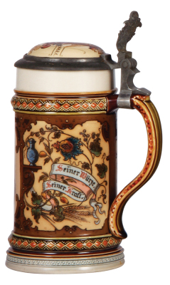 Mettlach stein, .5L, 2136, etched & PUG, Adolphus Busch, Anheuser-Busch Brewing Ass’n., inlaid lid, heavy pewter oxidation, otherwise mint.   - 2