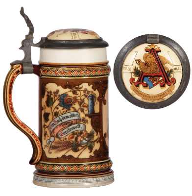 Mettlach stein, .5L, 2136, etched & PUG, Adolphus Busch, Anheuser-Busch Brewing Ass’n., inlaid lid, heavy pewter oxidation, otherwise mint.   - 3
