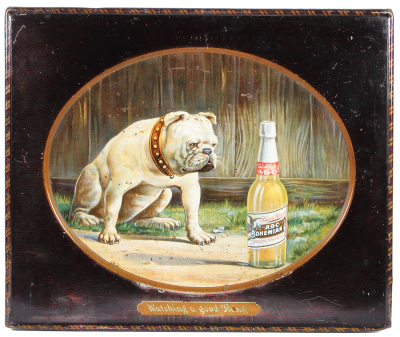 The American Brewing Co. A.B.C. Bohemian lithograph on metal, 20.3" x 24.3", Watching a good Thing, marked: The Meek & Beech Co. Coshocton, O., light surface rust spots & scratches, corners dented, good condition.