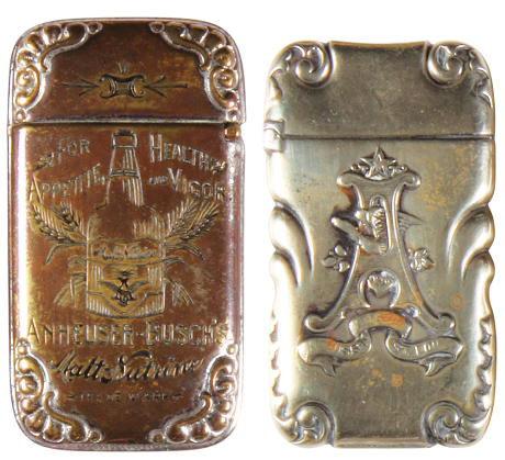 Two Anheuser-Busch match safes, 2.6'' to 2.8'' ht., double-sided design, Anheuser-Busch Brewing Ass’n., St. Louis, For Healthy Appetite and Vigor, Anheuser-Busch Malts Nutrine Trade Mark; with, Anheuser-Busch, St. Louis, both have a little wear on wording
