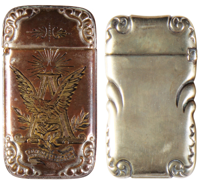 Two Anheuser-Busch match safes, 2.6'' to 2.8'' ht., double-sided design, Anheuser-Busch Brewing Ass’n., St. Louis, For Healthy Appetite and Vigor, Anheuser-Busch Malts Nutrine Trade Mark; with, Anheuser-Busch, St. Louis, both have a little wear on wording - 2