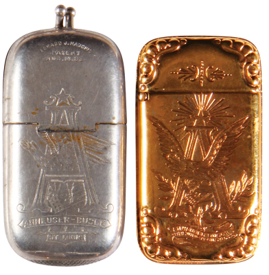 Two Anheuser-Busch match safes, 2.8'' to 3.3'' ht., double-sided design, Anheuser-Busch Brewing, St. Louis, marked: Edward J. Hauckis AUG.14.88; with, Anheuser-Busch Brewing Ass’n., St. Louis, gold color, both good condition. - 2