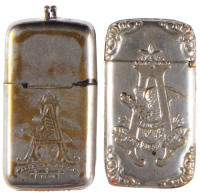 Two Anheuser-Busch match safes, 2.8'' to 3.0'' ht., double-sided design, Anheuser-Busch St. Louis, marked: patent AUG.14.83; with, Anheuser-Busch Brewing, St. Louis, both have a little wear on wording.