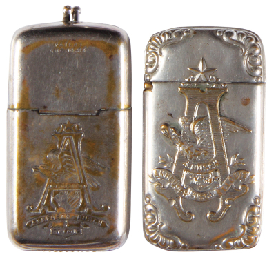 Two Anheuser-Busch match safes, 2.8'' to 3.0'' ht., double-sided design, Anheuser-Busch St. Louis, marked: patent AUG.14.83; with, Anheuser-Busch Brewing, St. Louis, both have a little wear on wording. - 2
