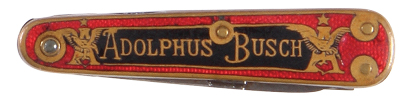 Anheuser-Busch pocket knife, 2.8'', double-sided design, Adolophus Busch, A & Eagle, red, black and gold design, with stanhope of Adolphus Busch, marked N. Kastor Ohligs Germany, good condition.