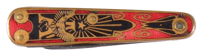 Anheuser-Busch pocket knife, 2.8'', double-sided design, Adolophus Busch, A & Eagle, red, black and gold design, with stanhope of Adolphus Busch, marked N. Kastor Ohligs Germany, good condition. - 2