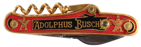 Anheuser-Busch knife, 3.3'', double-sided design, Adolphus Busch, A & Eagle, red, black and gold design, with stanhope of Adolphus Busch, marked N. Kastor Ohligs Germany, very good condition.