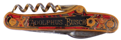 Anheuser-Busch pocket knife, 3.3'', double-sided design, Adolphus Busch, A & Eagle, red, black and gold design,&nbsp;with stanhope of Adolphus Busch,&nbsp;marked N. Kastor Ohligs Germany, enamel has chips.