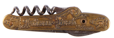 Anheuser-Busch pocket knife, 3.3'', double-sided design, Anheuser-Busch, St. Louis, A & Eagle, stanhope glass missing, marked Anheuser Busch, good condition.