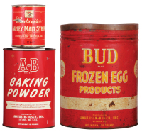 Three Anheuser-Busch cans, 5.5" ht. to 12.7" ht., Barley Malt Syrup, can &shy;is full, A-B Brand Baking Powder, Bud Brand Frozen Egg Products, all cans are in used condition.