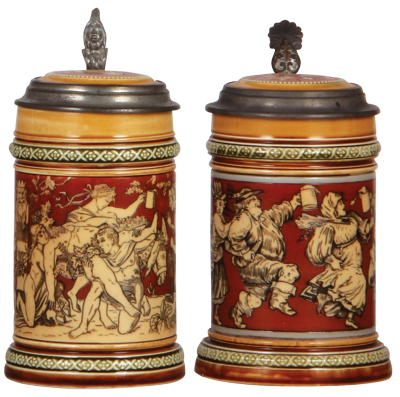 Two Mettlach steins, .3L, 2035, etched, inlaid lid, cracked inlay; with, 3L, 2057, etched, inlaid lid, shallow 1" base chip.