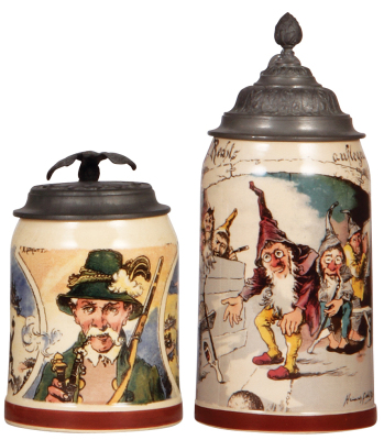 Two Mettlach steins, .5L, 1076 [1526], PUG, pewter lid, two tight 1" hairlines; with, .5L,  727 [1909], PUG, pewter lid, 1" hairline in rear.