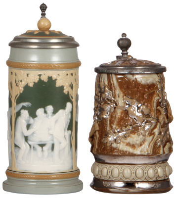 Mettlach stein .5L, 2628, cameo, inlaid lid, mint; with, .5L, 368, relief, early ware, 1" chip at edge of inlay, piece still in place, body mint. 