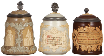 Three Mettlach steins, .5L, 1467, relief, inlaid lid, mint; with, .5L, 1370, relief, inlaid lid, interior glaze is rough; with, .5L, 1180, relief, inlaid lid, mint.