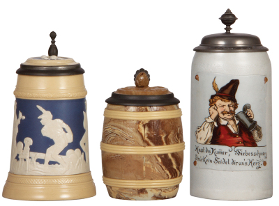 Three Mettlach steins, .5L, 2182, relief, inlaid lid, mint; with, .5L, 675, relief, inlaid lid, small chip on band; with, 1.0L, 1648, tapestry, pewter lid, mint.