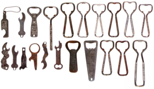 Twenty-one metal bottle openers,&nbsp;Drink Dortmunder Beer, The Bovinine Company, Dubuque Star Beer, Mankato Brewing Co., Buck National Beverage, Billings Brewing Co., Storz Gold Crest Beer, Fox De Luxe Beer, Iroquois Beverage Corp., Buffalo, NY, Teacher&rsquo;s Hi
