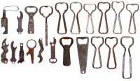 Twenty-one metal bottle openers,&nbsp;Drink Dortmunder Beer, The Bovinine Company, Dubuque Star Beer, Mankato Brewing Co., Buck National Beverage, Billings Brewing Co., Storz Gold Crest Beer, Fox De Luxe Beer, Iroquois Beverage Corp., Buffalo, NY, Teacher&rsquo;s Hi