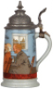 Mettlach stein, .5L, 2886, etched, pewter lid, very good pewter strap repair. - 2