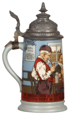 Mettlach stein, .5L, 2886, etched, pewter lid, very good pewter strap repair. - 3