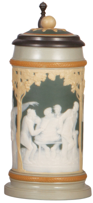 Mettlach stein, .5L, 2628, cameo, by Stahl, inlaid lid, hairline on body at handle attachments.