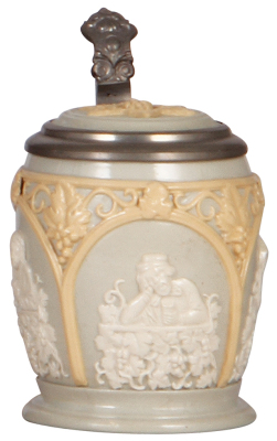 Mettlach steins, .25L, 1266, inlaid lid, pewter flaws.