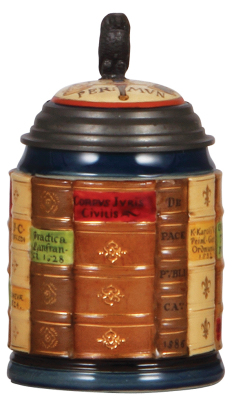 Mettlach stein, .5L, 2001A, decorated relief, Book Stein for Law, inlaid lid, mint.