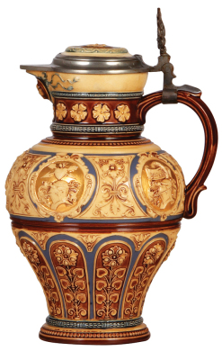 Mettlach stein, 2.0L, 2128, relief, inlaid lid, good repair of the spout.