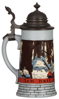 Mettlach stein, .5L, 2833E, etched, original pewter lid, mint. - 3