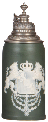 Mettlach stein, 1.0L, 2950, cameo, pewter lid, mint.