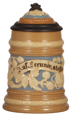 Mettlach stein, 25L, 1740, relief, inlaid lid, mint.